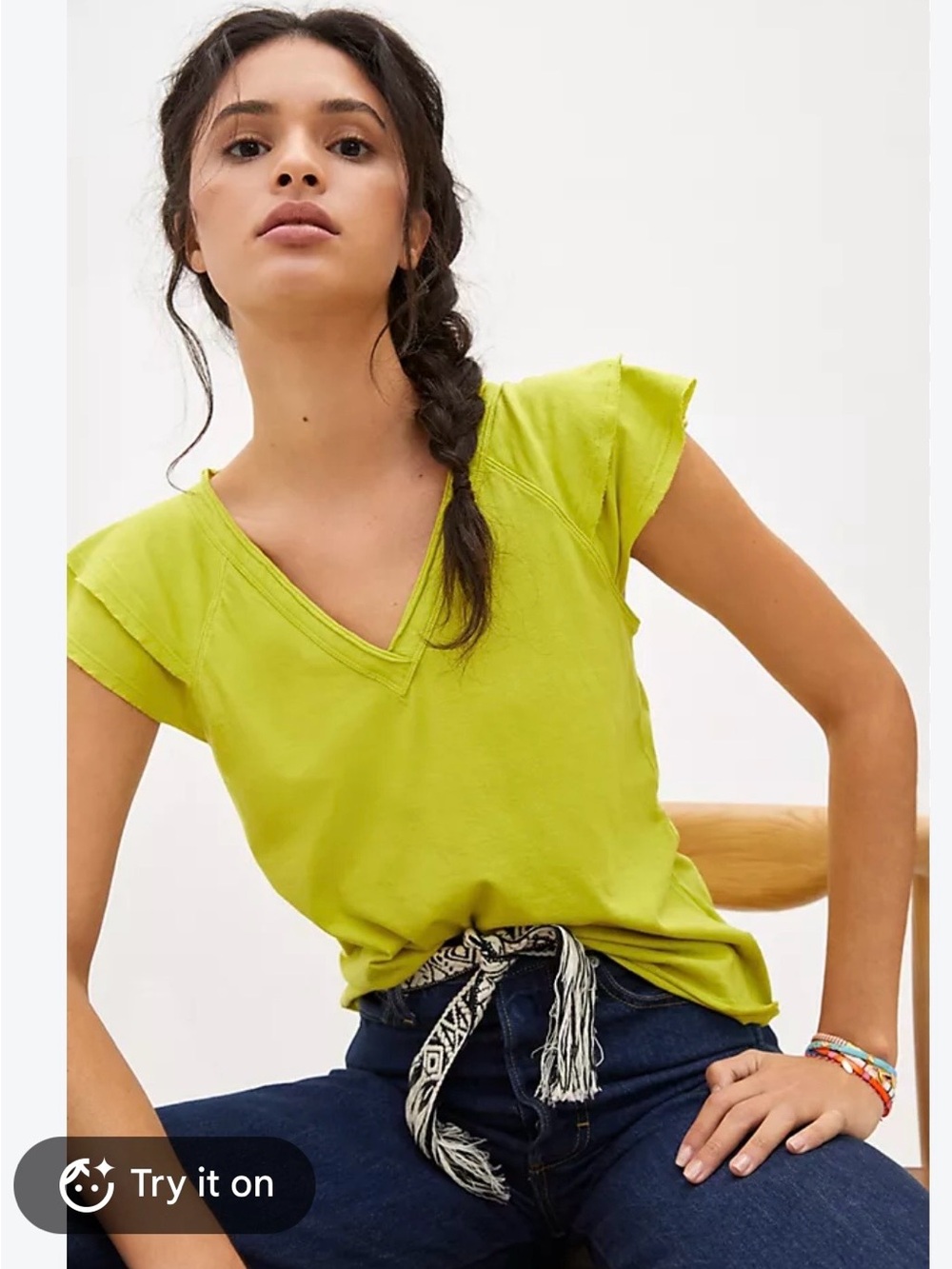Maeve by Anthropologie Chartreuse V-Neck ruffle Sleeve Top - Women small boho